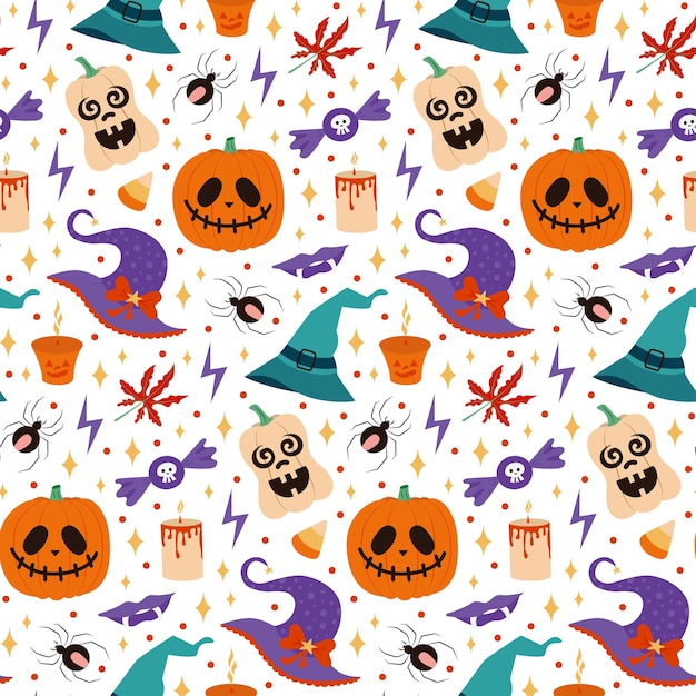Бесшовный векторный рисунок хэллоуина с тыквами и сладостями в шляпах ведьм