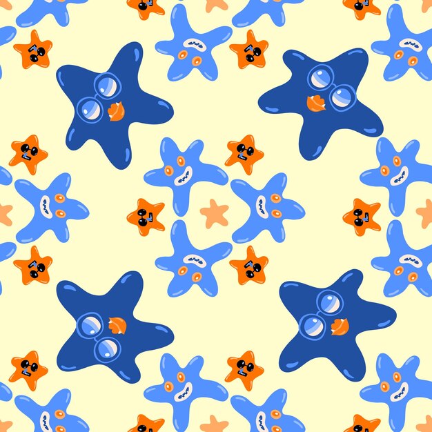 Seamless vector halloween scary pattern with group of monster stars on pale yellow background