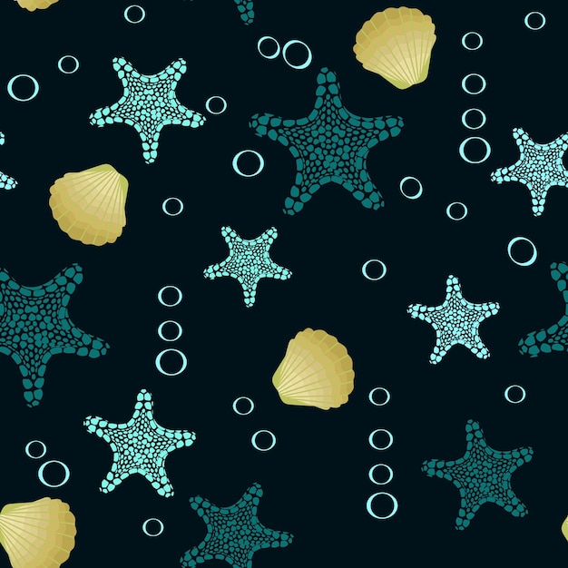 Бесшовная векторная иллюстрация подводного мира с красивыми морскими звездами и ракушками