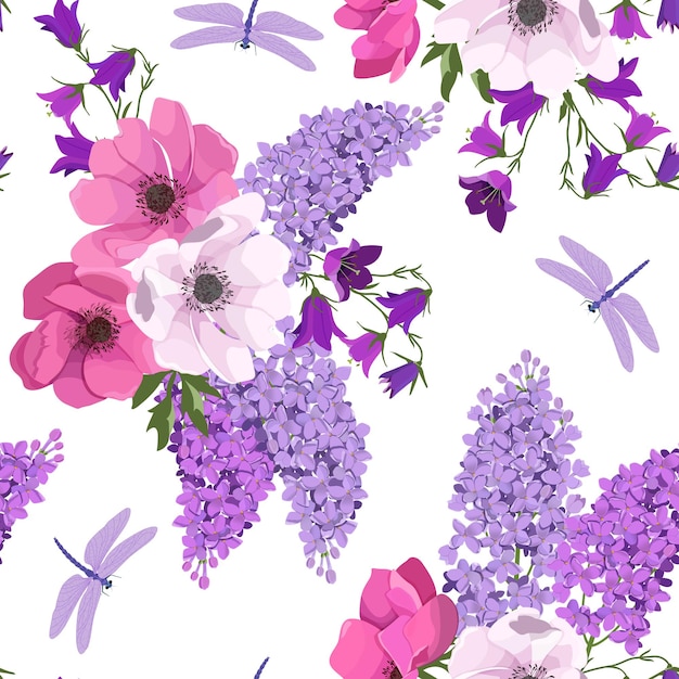 Vector seamless vector illustration with blooming lilac anemone campanula and dragonflies on a white background for decorating textiles packaging web design