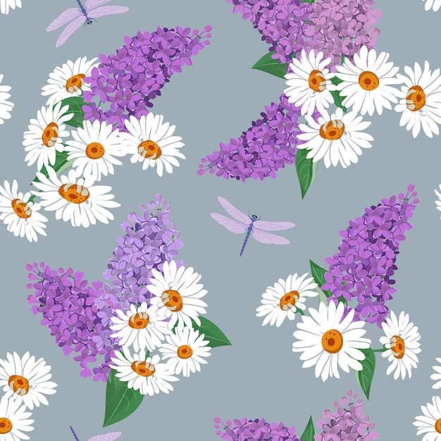 Seamless vector illustration with blooming lilac chamomiles and dragonflies