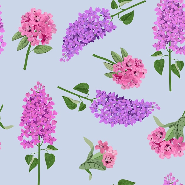 Seamless vector illustration with blooming lilac and rhododendron on a blue background For decorating textiles packaging web design