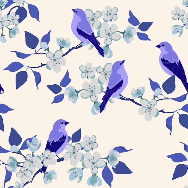 Vector seamless vector illustration with blossoming sakura and birds on a white background