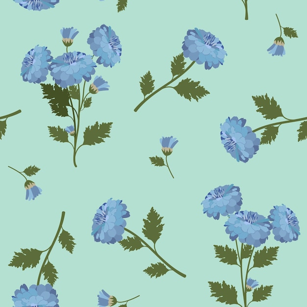 Seamless vector illustration with blue chrysanthemums