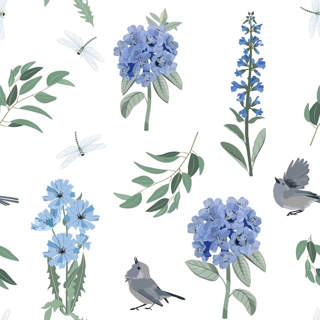 Seamless vector illustration with blue rhododendron birds and dragonflies on a white background For decorating textiles packaging paper