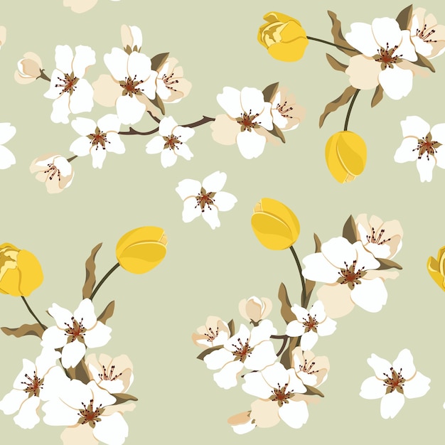 Бесшовная векторная иллюстрация с вишней и тюльпанами на светлом фоне для украшения веб-дизайна упаковки текстиля