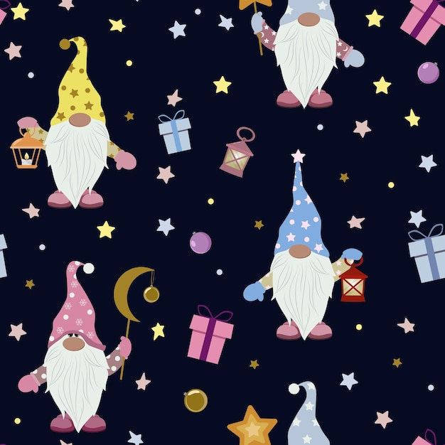 Seamless vector illustration with cute christmas gnomes on a dark background