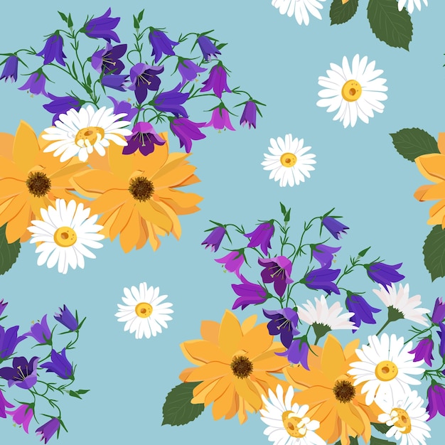 Seamless vector illustration with dahlia flowers bluebells and daisies on a blue background For decorating textiles packaging wallpapers