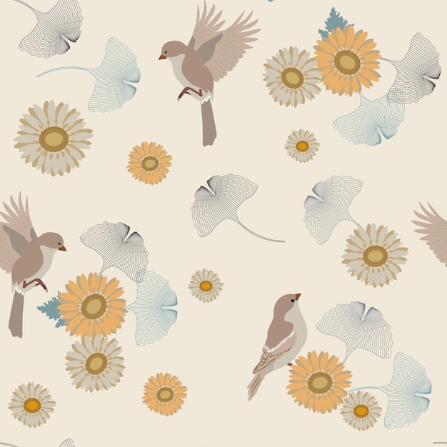 Seamless vector illustration with gerberas gingo biloba leaves and birds on a beige background