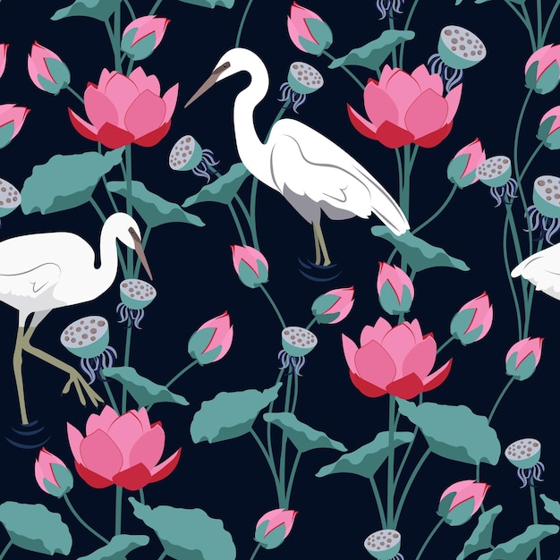 Seamless vector illustration with heron and lotuses on a dark background