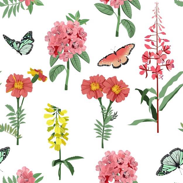 Seamless vector illustration with pink marigolds rhododendrons and butterflies on a white background For decorating textiles packaging paper