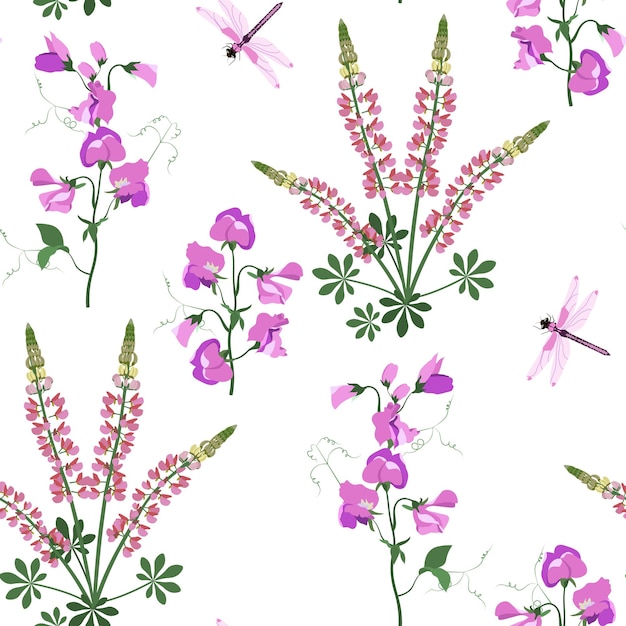 Seamless vector illustration with sweet pea lupine flowers and dragonflies on a white background