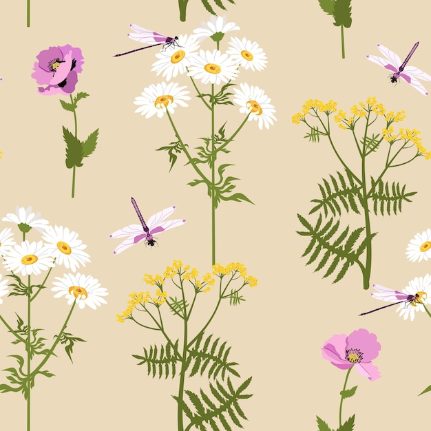 Seamless vector illustration with wildflowers and dragonflies on a beige background
