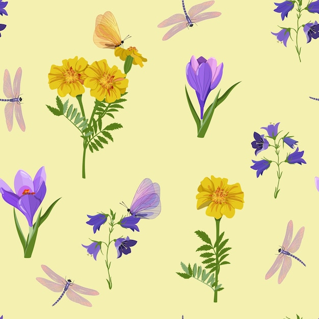 Бесшовная векторная иллюстрация с желтыми календулами, фиолетовыми крокусами, колокольчиками, бабочками и стрекозами на бежевом фоне