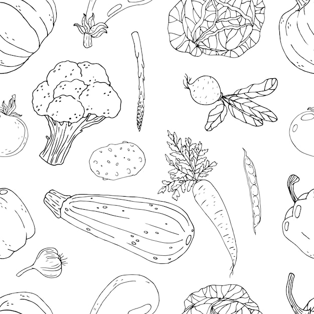 Vector seamless vector monochrome pattern of elements with hand drawn color vegetables on a white background sketch style