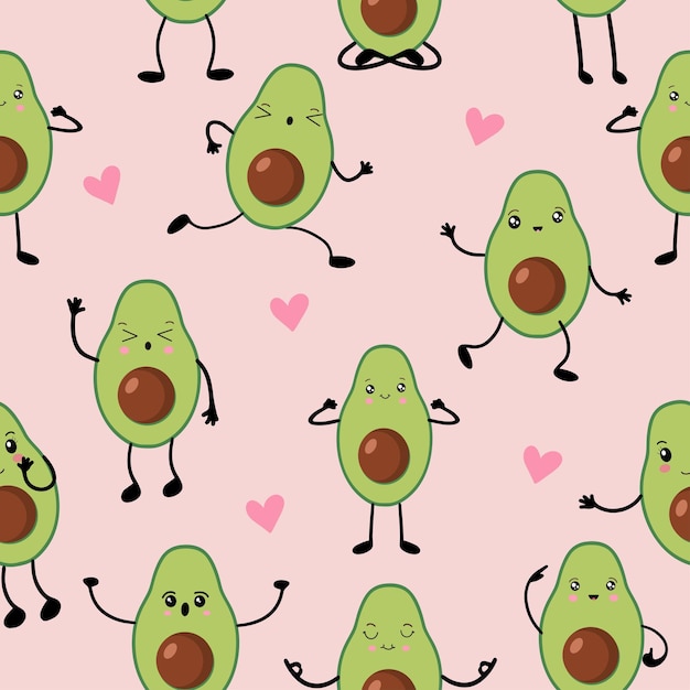 Seamless vector pattern of avocado in kawaii style fashionable childrens pattern for interior