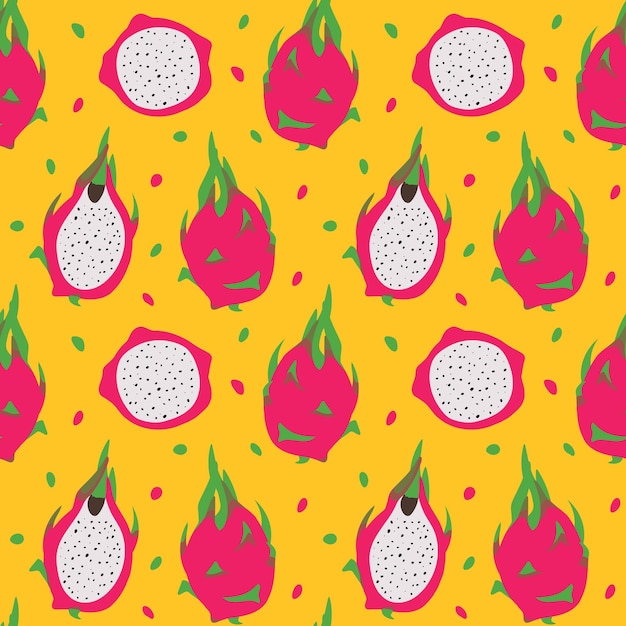 Seamless vector pattern background of dragonfruits made of simple illustrations.