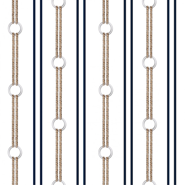 Seamless vector pattern background with hand drawn chain, and summer nautical rope in vertical stripe design