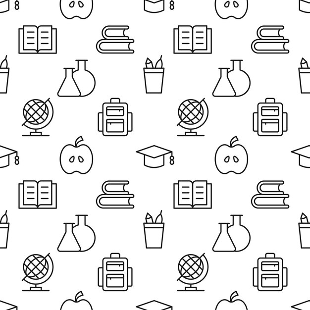 Vector seamless vector pattern of books school supplies laboratory bulbs apple globe backpack for web sites