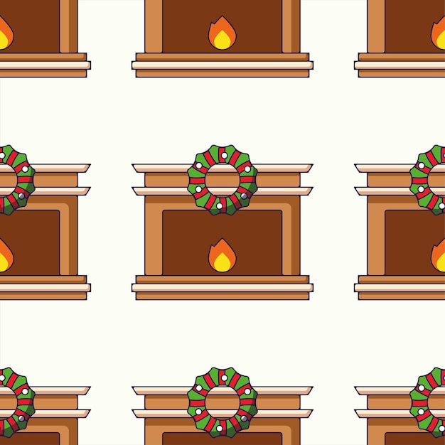 Бесшовный векторный рисунок мультяшного рождественского камина на светло-бежевом фоне для рождественских оберток, открыток, текстильной одежды и т. д. Рождество, Новый год и праздничная концепция
