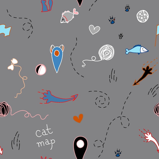 특수 라벨 발 인쇄가 있는 원활한 벡터 패턴 고양이 지도는 물고기를 안내합니다. 명랑한 이미지는