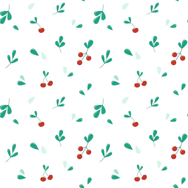 Seamless vector pattern Cherry and green leaves Minimalism White background Flat cute elements