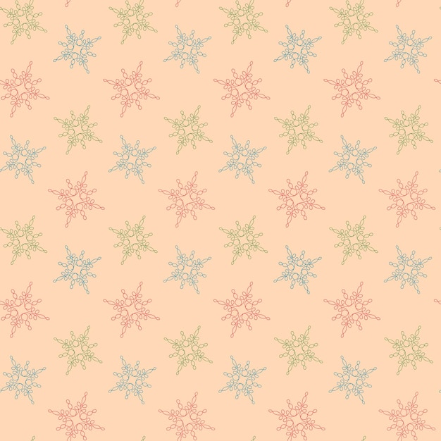 Seamless vector pattern colored snowflakes in line art style on a light background