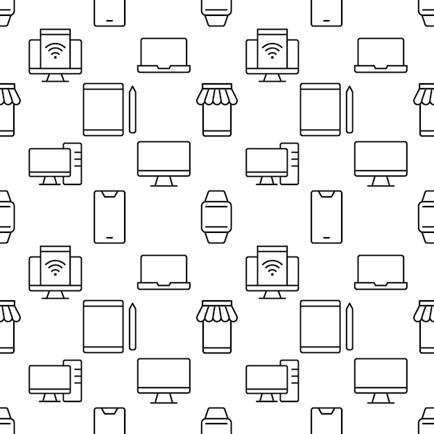 Seamless vector pattern of computer smartphone watch laptop tablet