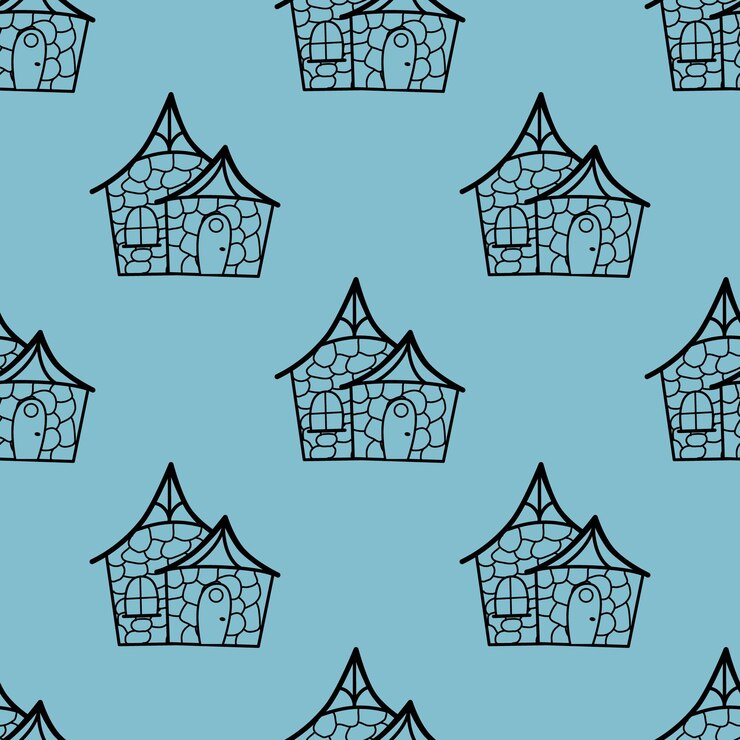 Vector seamless vector pattern of contour houses in doodle style on a blue background