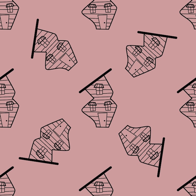 Modello vettoriale senza cuciture di case di contorno in stile doodle su sfondo rosa