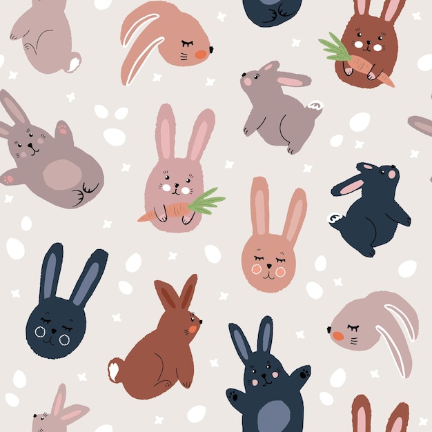 Seamless vector pattern of cute drawn bunnies and eggs tender flat illustration