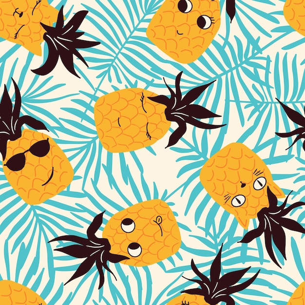 Seamless vector pattern cute pineapples with cat faces on teal blue palm leaves textile scrapbook