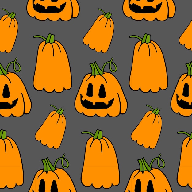 Seamless vector pattern of cute smiling pumpkins Pumpkin texture for Halloween Cartoon print for Halloween Creepy pumpkins in the style of doodles For wrapping paper textiles