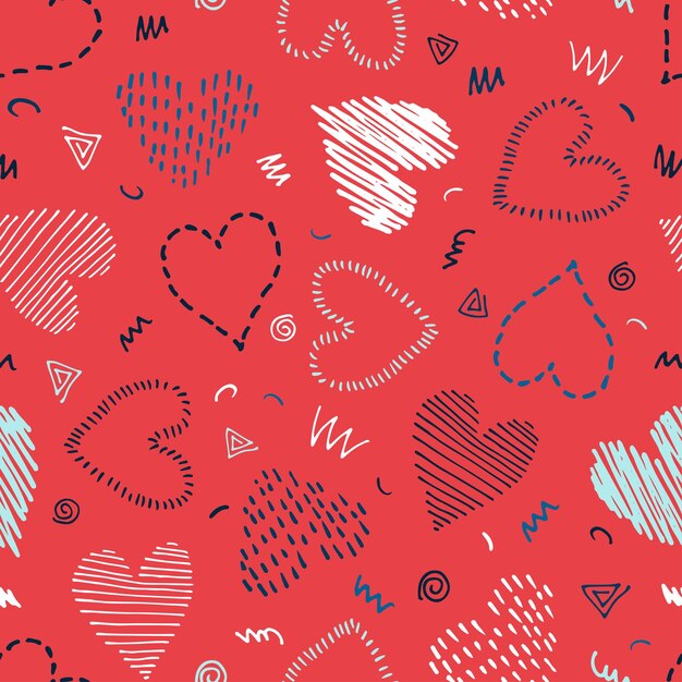 Seamless vector pattern of doodle hearts on a red background