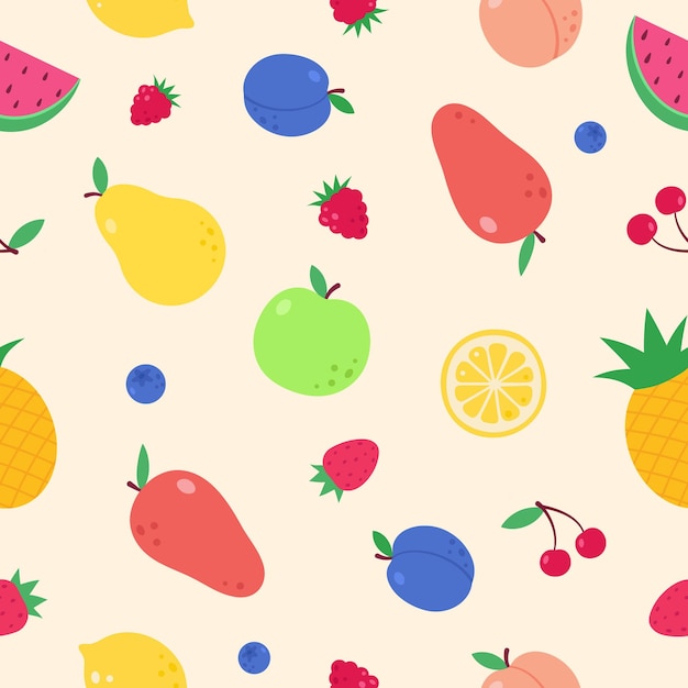 Vector seamless vector pattern of fruits and berries watermelon pineapple strawberries flat style