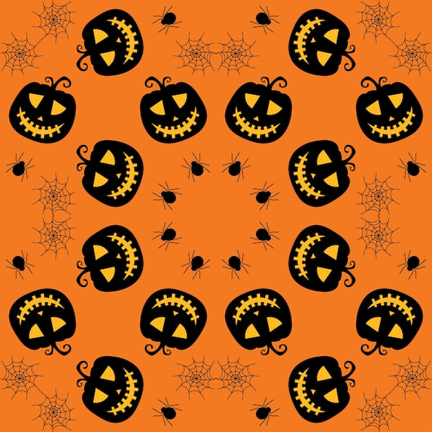 Modello vettoriale senza cuciture per il design di halloween simboli di halloween ragno zucca in stile cartone animato