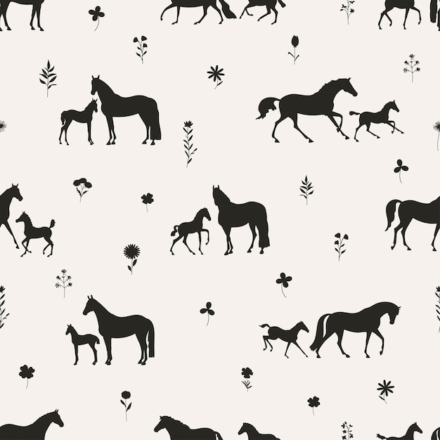 Vector seamless vector pattern a herd of horses walking in a field