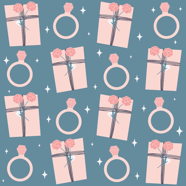 Vector seamless vector pattern illustration with gift boxes, wedding rings and stars