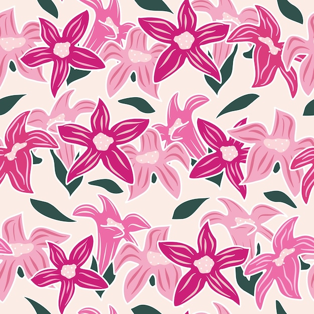 Seamless vector pattern illustration withpink flowers and green leaves on pastel background