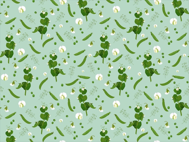 무작위로 흩어져 있는 콩과 꽃의 피는 식물 모티브의 원활한 벡터 패턴