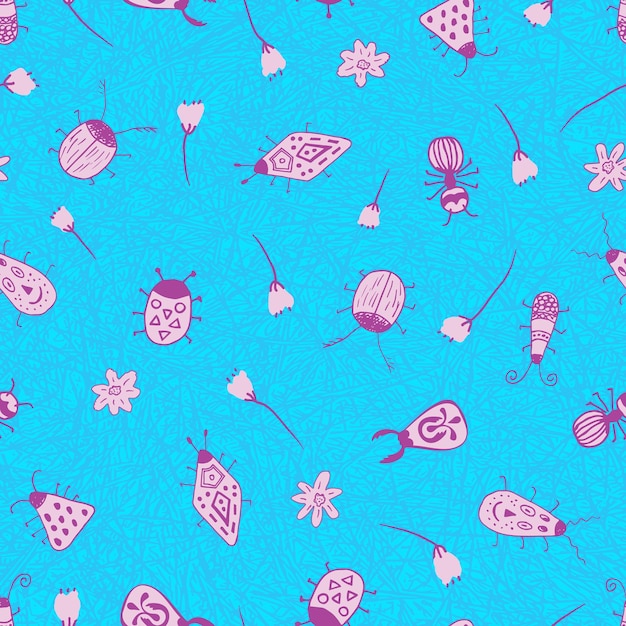 Seamless vector pattern of insects and flowers Textile wrapping packaging scrapbook wallpaper