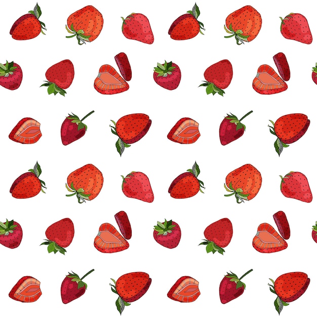 Vector seamless vector pattern of juicy fresh strawberries isolated on white background hand drawn