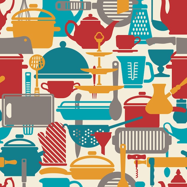 Seamless vector pattern Kitchen background Cooking utensils and kitchen tools