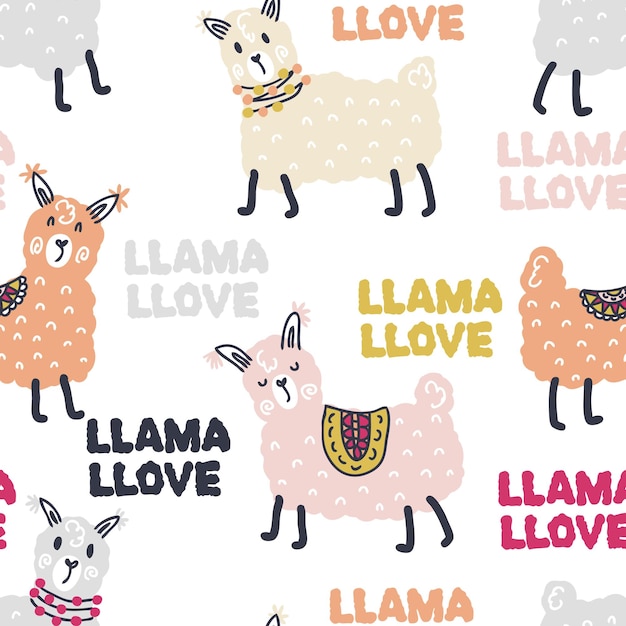 Бесшовный векторный рисунок лам и текста LLAMA LLOVE Идеально подходит для скрапбукинга, плакатов, текстиля и принтов Ручная иллюстрация для декора и дизайна