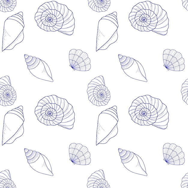 Seamless vector pattern on the marine theme Various seashells with a blue line on a white backgroun