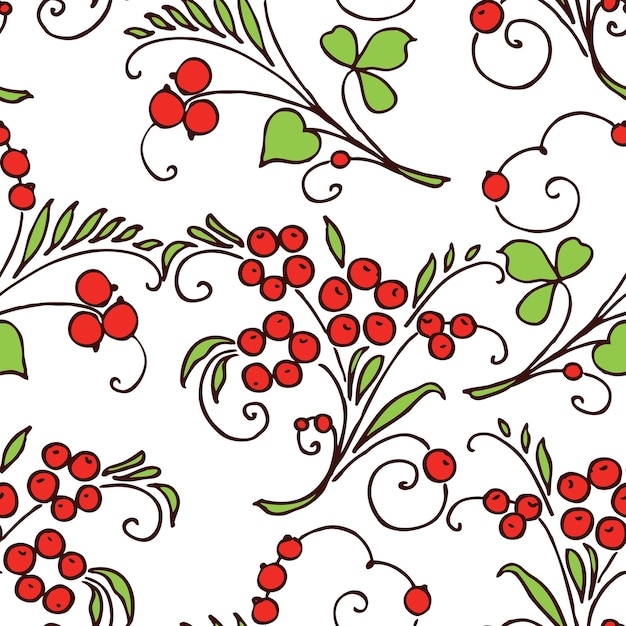 Вектор Бесшовный векторный рисунок нарисованных веток с ягодным фоном для текстильной бумаги