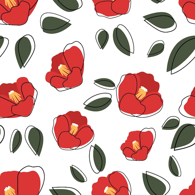 빨간 일본 동백과 흰색 배경에 꽃잎의 원활한 벡터 패턴 귀여운 꽃