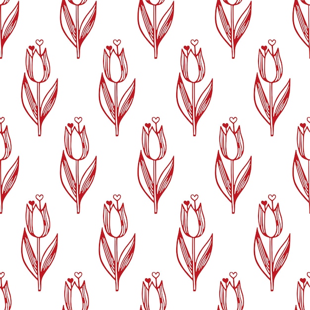 Seamless vector pattern of red tulips with hearts on the leaves Floral pattern Handdrawn cartoon vector illustrations of tulips in doodle style Isolated For fabric printing packaging cards