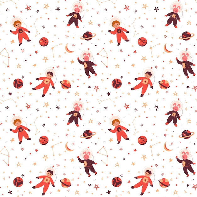 Seamless vector pattern Space  children elements astronauts planets stars Space and the universe