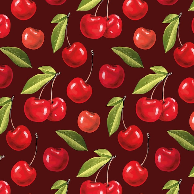 Seamless vector pattern watercolor cherries on dark background